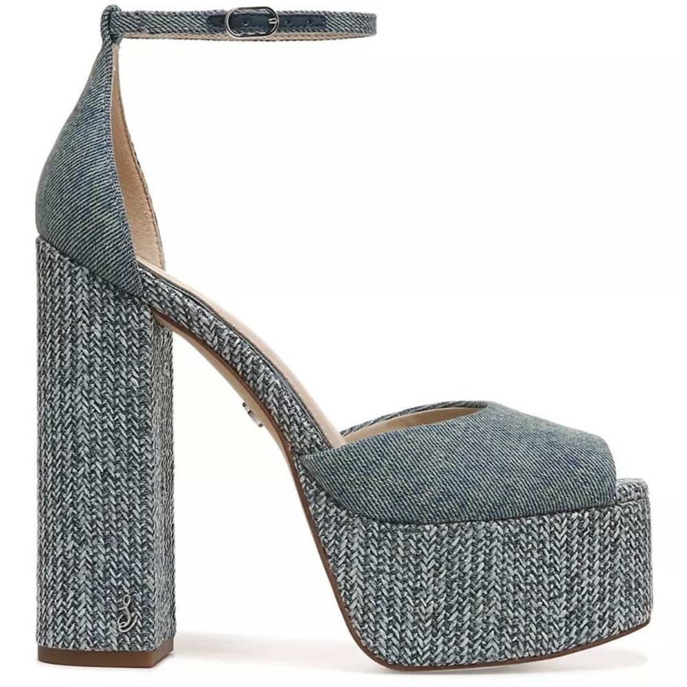 Sam Edelman Kori Washed Denim Blue Ankle Strap Platform Sandals